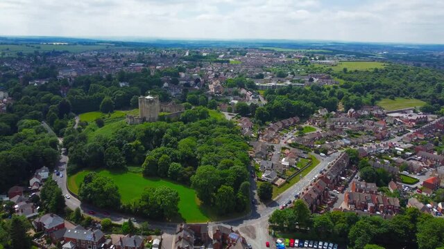 Aerial view of Conisbrough approaching the castle.