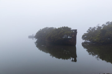 Side view of SS Ayrfield shipwrect in the fog, Sydney, Australia.