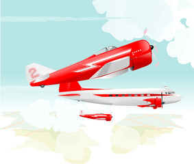 Aerial view of Two small fighter planes in red arrow livery paint escorting old passenger airliner