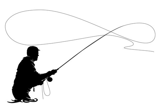Fly fisherman fishing. graphic fly fishing. clip art black fishing on white background - Vector