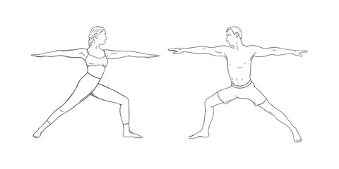 Yoga warrior asana or virabhadrasana I. Woman and man practicing yoga asana. Hand drawn vector illustration isolated on white background
