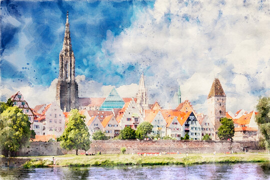 Ulmer Stadtansicht mit dem Münster, der Altstadt und der Stadtmauer - Aquarell