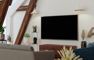 The living room has a storage table and a TV.