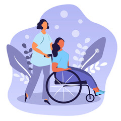 vector hand drawn illustration - a girl in a wheelchair. behind there is a woman who helps her. trend illustration in flat style