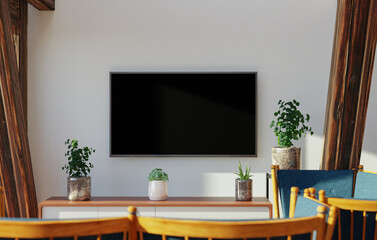 The living room has a storage table and a TV.
