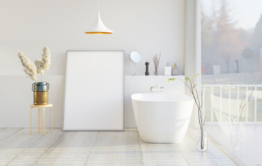 The bathroom consists of a bathtub and a wall frame.