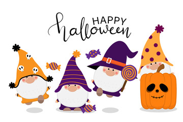 gnome_easter3Happy halloween greeting card with cute gnome, candy and spooky pumpkin. Trick or treat holidays cartoon character. -vector