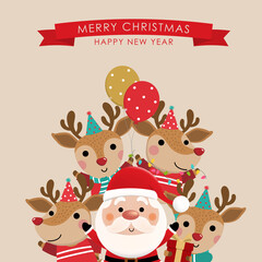 Merry Christmas and happy new year greeting card with cute Santa Claus, deer and tree. Holiday cartoon character in winter season. -Vector