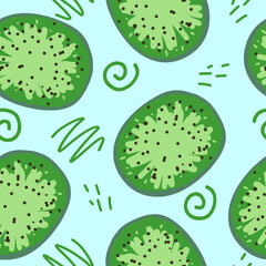 kiwi and doodles vector seamless pattern. hand drawn. illustration for wallpaper, wrapping paper, textile, background. green fresh juicy summer fruit.