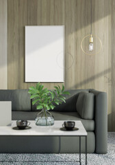 The living room consists of a sofa chair and a picture frame on the wall.