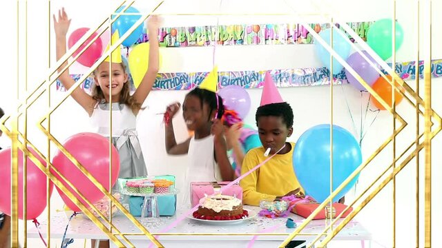 Animation of diverse happy children with balloons and food having fun at party, on white