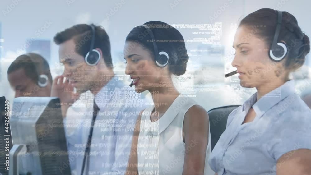 Poster animation of data processing over business people using phone headsets