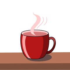 Illustration of one red cup of coffee or tea on a brown table on a white background. Suitable for background, menu, invitation, brochure, flyer, presentation, checklist, poster, postcard
