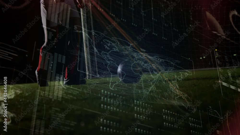 Poster animation of world map and data processing over football player