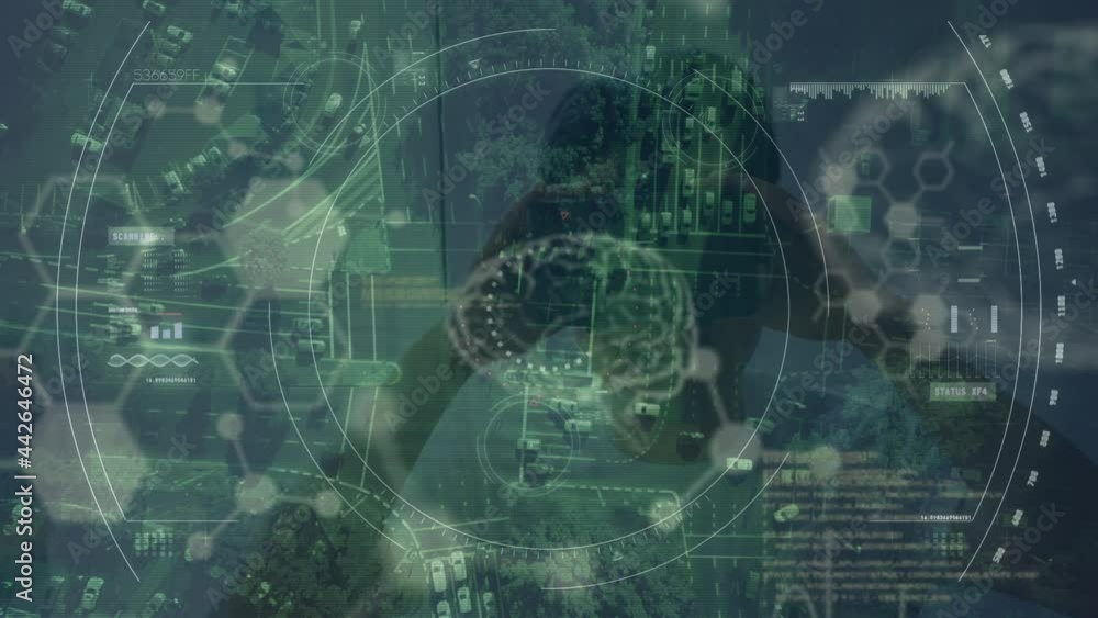 Poster animation of scope scanning and data processing over man wearing vr headset