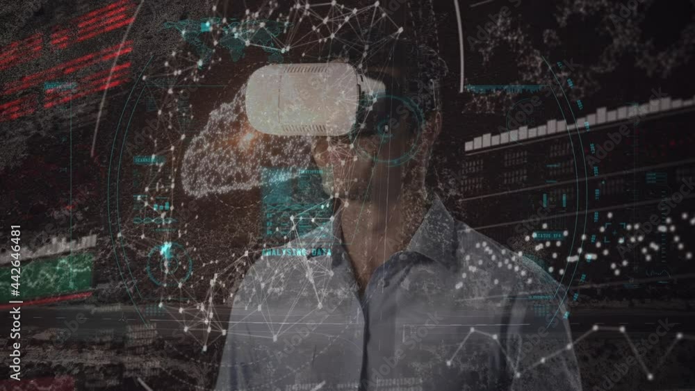 Poster animation of scope scanning and data processing over man wearing vr headset