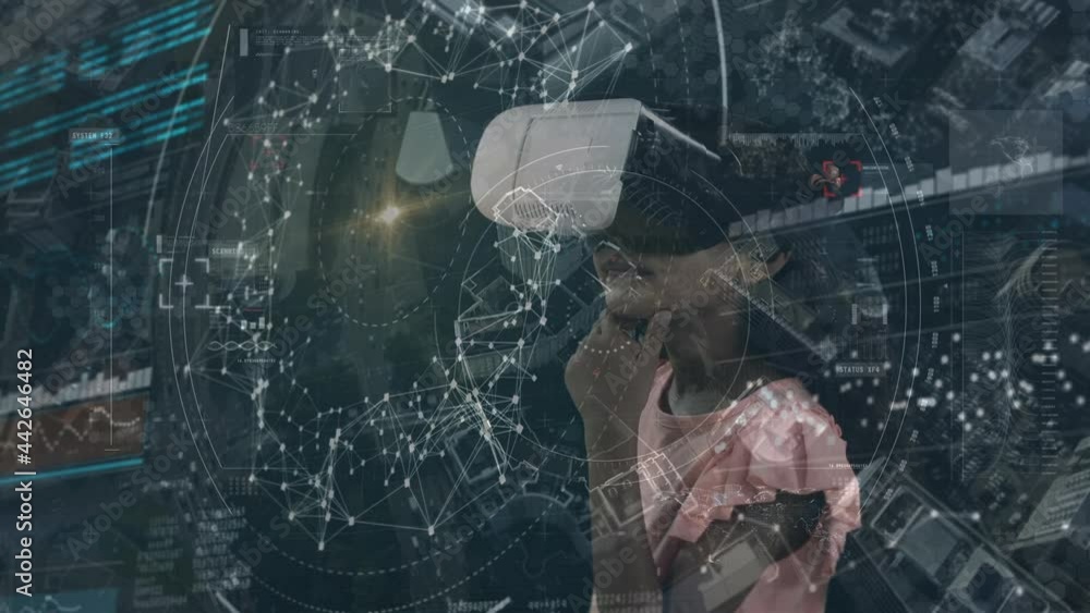 Poster animation of scope scanning and data processing over girl wearing vr headset