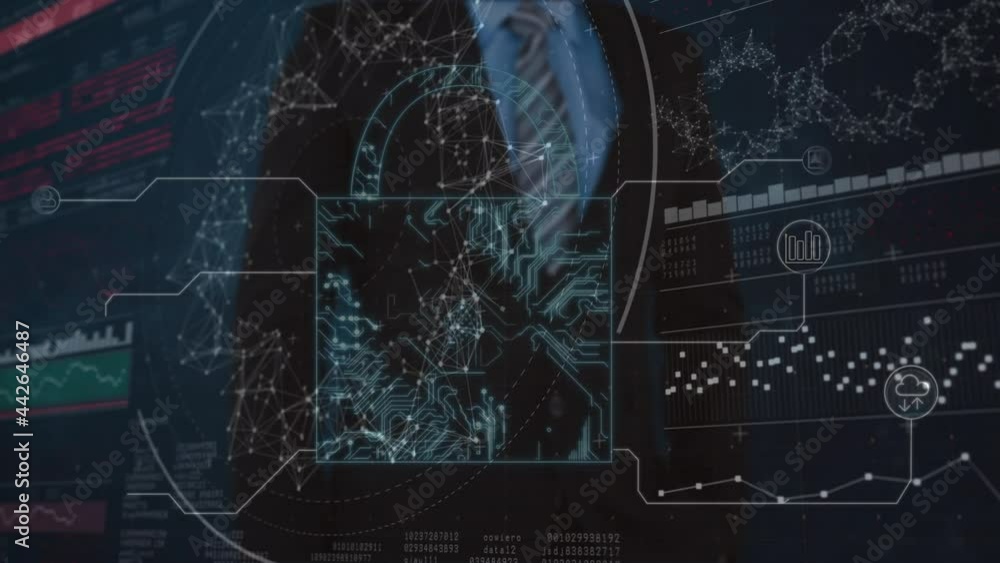 Poster animation of scope scanning and data processing over thinking man