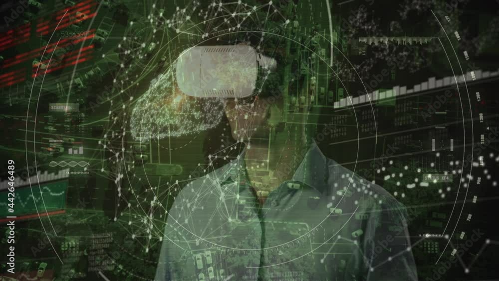 Poster animation of scope scanning and data processing over man wearing vr headset