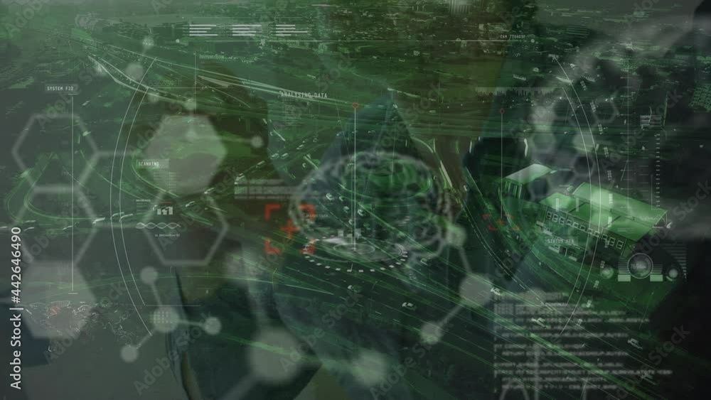Poster animation of scope scanning and data processing over cityscape