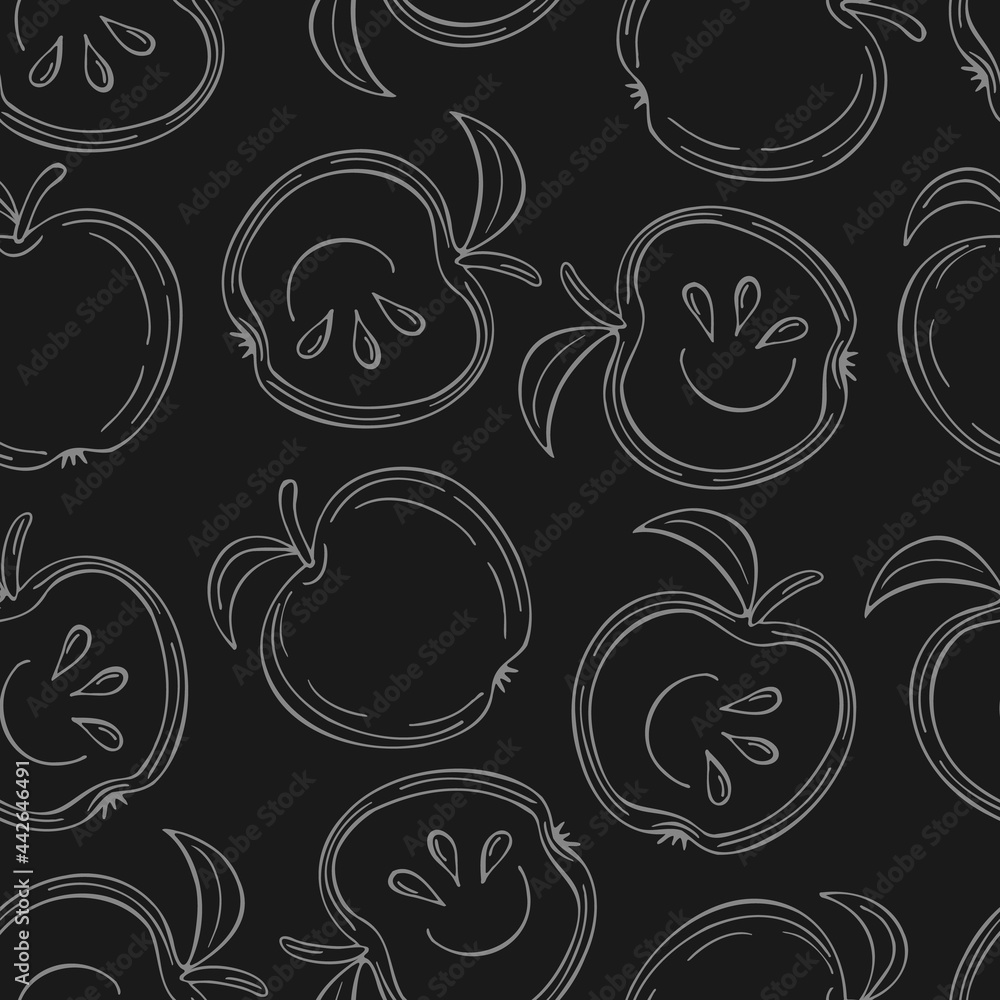 Aufkleber dark vector seamless pattern with white contour apples and slice apples.
