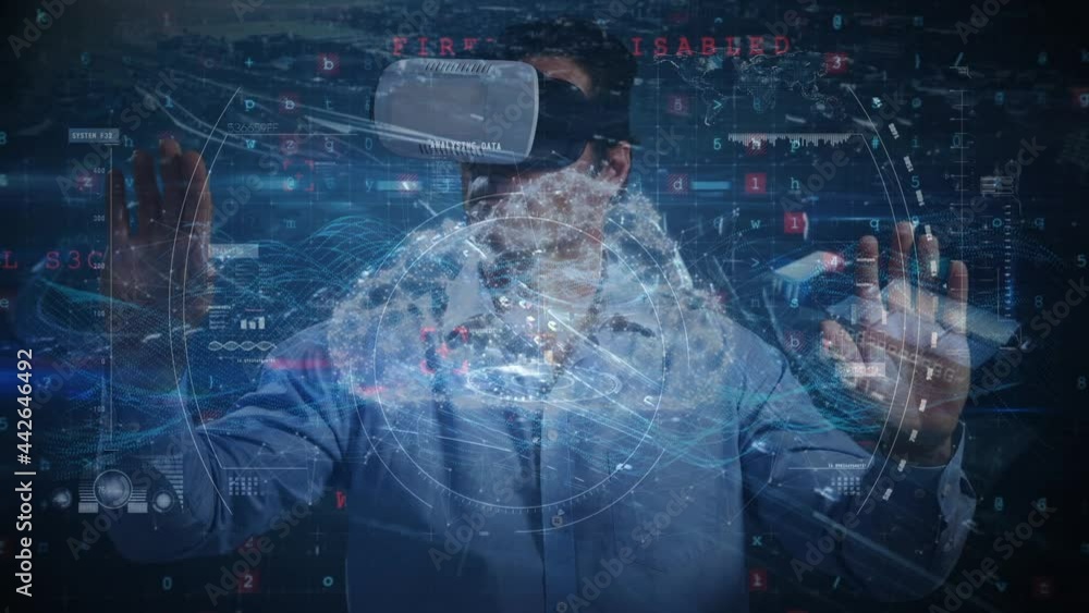 Poster animation of scope scanning and data processing over man wearing vr headset