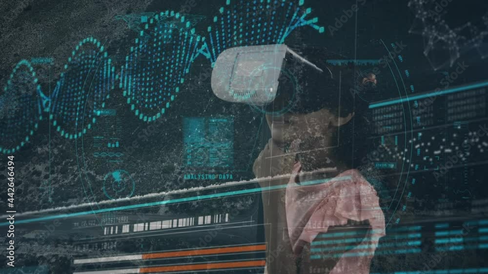 Poster animation of scope scanning and data processing over man wearing vr headset