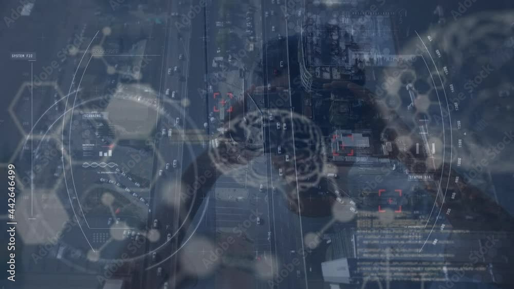 Poster animation of scope scanning and data processing over man wearing vr headset