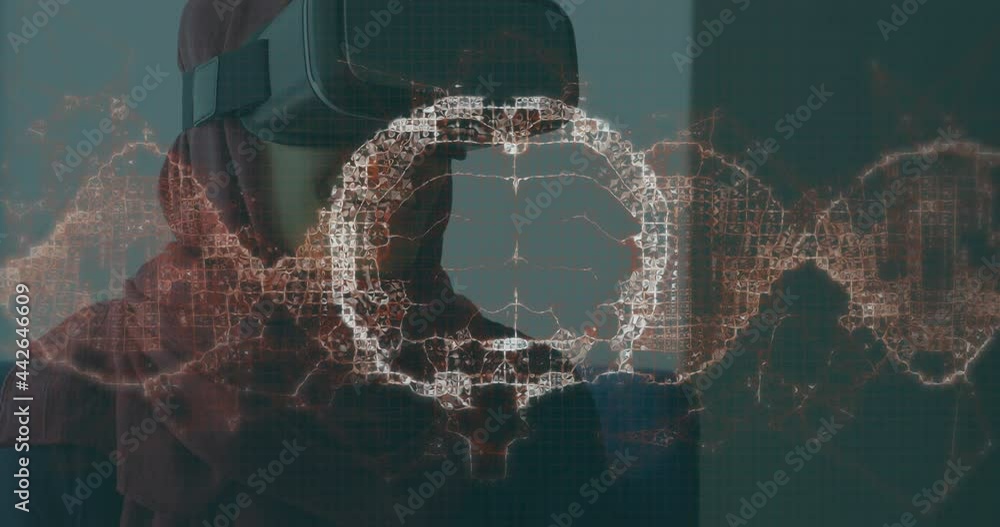 Poster animation of brain scan and medical data processing on interface, over smiling man in vr headset