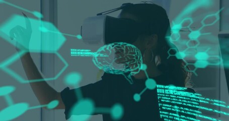Animation of human brain and medical data processing over businesswoman wearing vr headset - Powered by Adobe