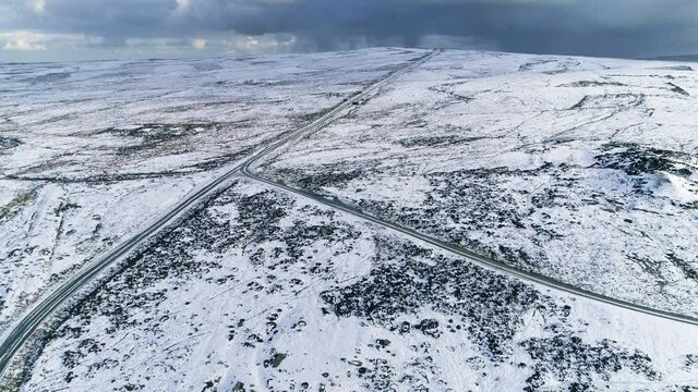 North York Moors Snow Scene Drone Flight, Castleton, Westerdale, Rosedale, Flight over Moorland and roads towards Danby Beacon, Winter cold and moody clouds, Phantom 4, Clip 12