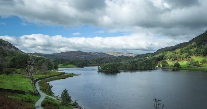Lake District, Rydal Water, Unesco World Heritage, Time lapse, Looking over Lake with clouds scudding with light and shadows on scene