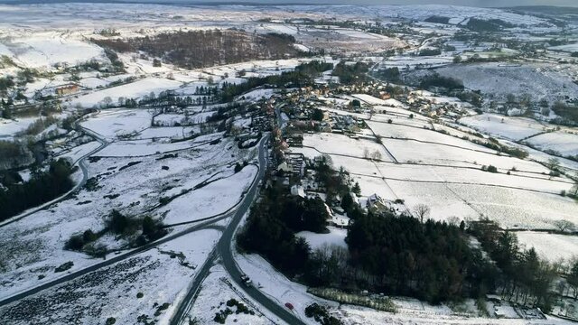 North York Moors Snow Scene Drone Flight, Castleton, Westerdale, Rosedale, Flight over Castleton, reveal pan upwards, Winter cold and moody clouds, Phantom 4, Clip 7