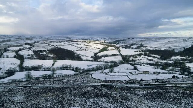 North York Moors Snow Scene Drone Flight, Rosedale, Flight over Castleton Westerdale, Winter cold and moody clouds, Phantom 4, Clip 5