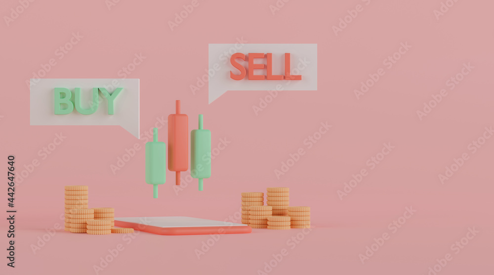 Poster 3d rendering concept stock trading application on smartphone with candle sticks chart and coins.