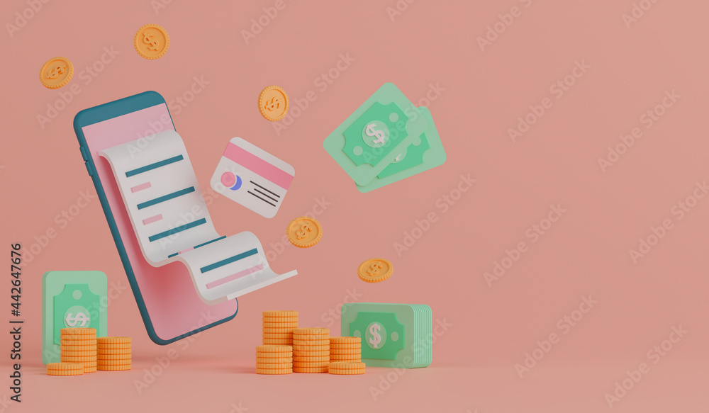 Poster 3d rendering financial application on smartphone.
