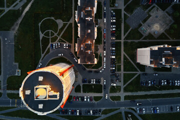 Car parking lot near modern house buildings, Aerial view. Living sector