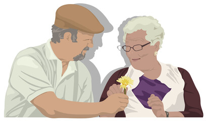 Grandfather Gives Grandmother a Flower - Senior Couple as Color Illustration Isolated on White Background, Vector 