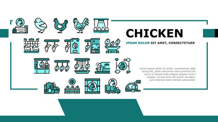 Chicken Meat Factory Landing Header Vector. Chicken Feather Pluck And Washing Machine, Conveyor And Refrigerator For Frozen Carcass Illustration