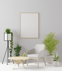The living room consists of a sofa chair and a picture frame on the wall.