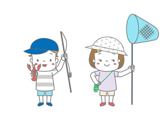 ザリガニ釣り、虫捕りをする子供たち