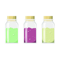 A set of glass jars with a magic potion on a white background.