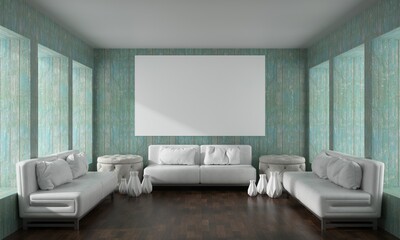 The living room consists of a sofa chair and a picture frame on the wall.