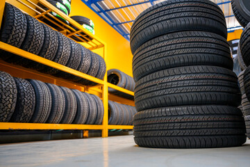 New tire warehouse room in stock There are plenty of them available to replace tires at a service center or auto repair shop. Tire warehouse for the car industry - obrazy, fototapety, plakaty