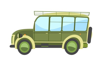 Car off road. Cartoon comic funny style. Side view. Beautiful green Automobile. Auto in flat design. Childrens illustration. Isolated on white background. Vector