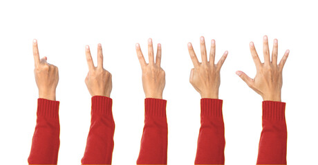 Hand showing one to five fingers count. communication gestures concept. Object with clipping path. Countdown