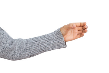 Woman hand show holding something like a bottle with yellow shirt isolated on white background....