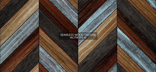 Old wood texture, EPS 10 vector. Seamless wooden wall with chevron pattern made of barn boards. Dark grunge background. - 442649640