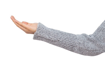 Woman hand show to showing something with palm isolated on white background. Clipping path included