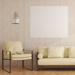 The living room consists of a sofa chair and a picture frame on the wall.